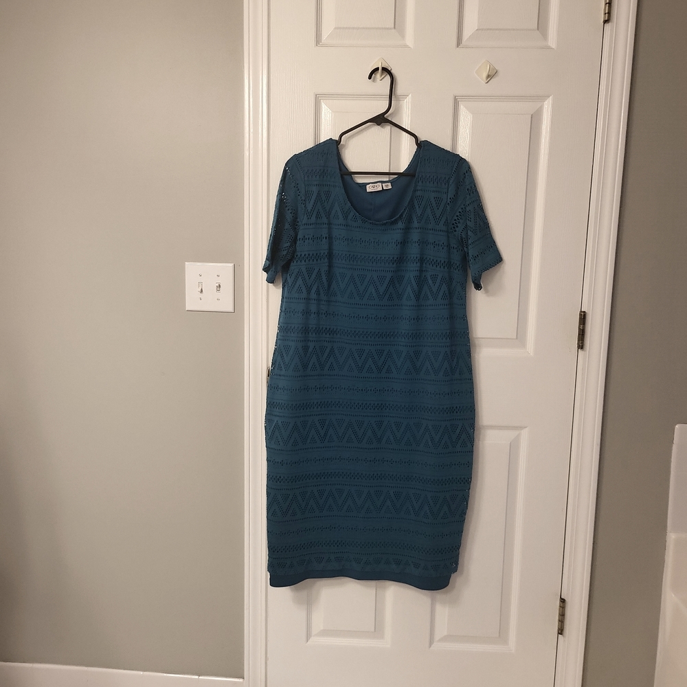 Cato teal eyelet lace sheath midi dress geometric detail Sz 14/16W